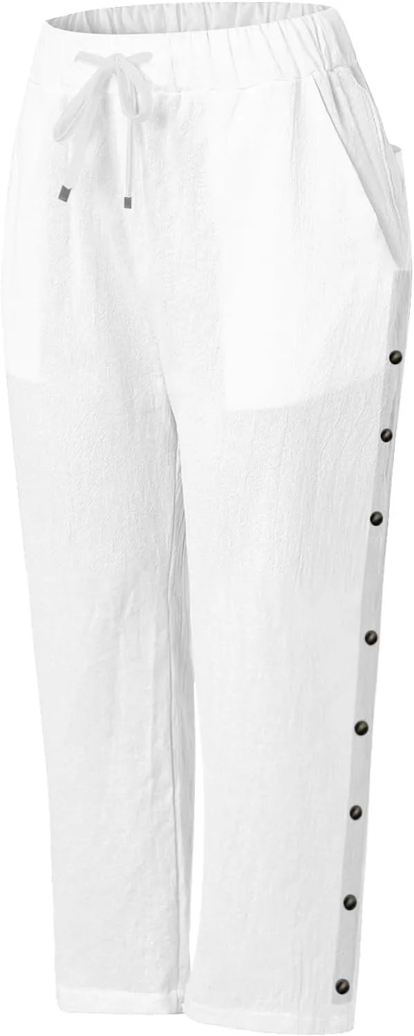 Linen Capris for Women Striped Elastic Waisted Drawstring Capri Pants with Pockets Side Button Casual Cropped Pants