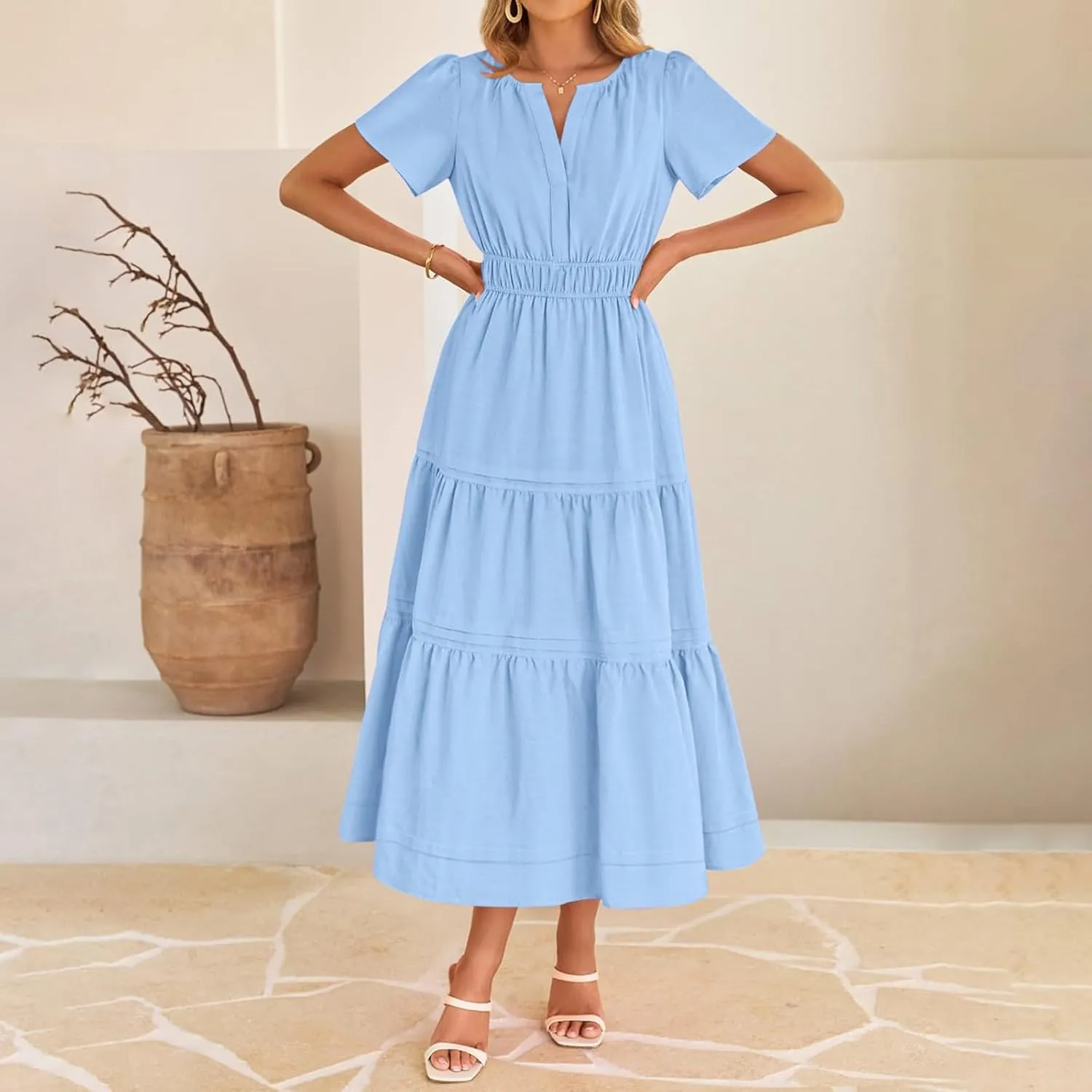 Linen Dresses for Women 2025,Flowy Pleated T Shirt Modest Maxi Dresses Trendy Cute Beach Vacation A Line Sundresses