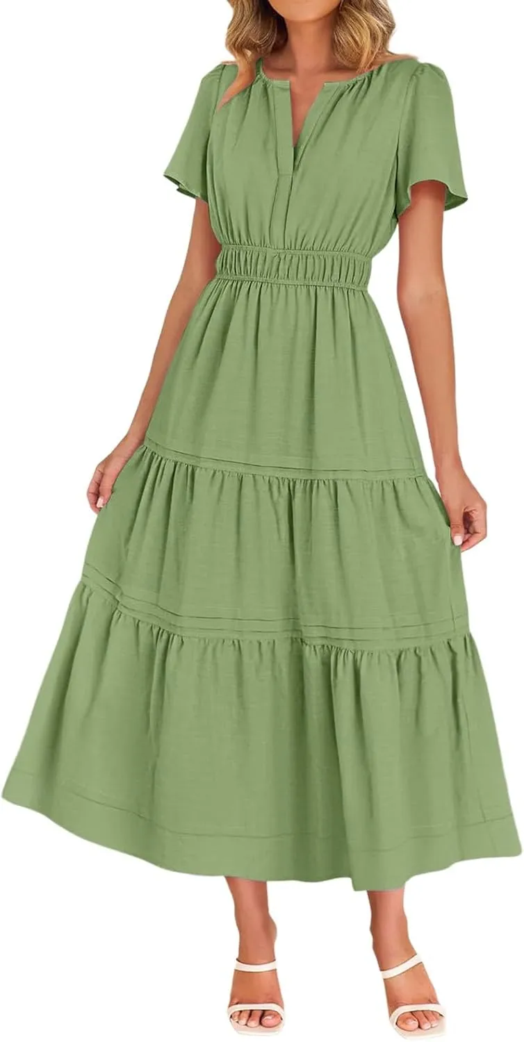 Linen Dresses for Women 2025,Flowy Pleated T Shirt Modest Maxi Dresses Trendy Cute Beach Vacation A Line Sundresses