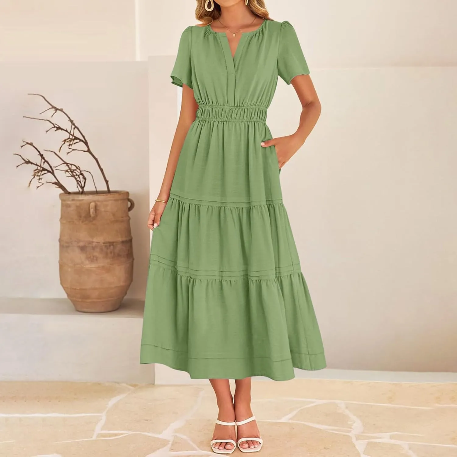Linen Dresses for Women 2025,Flowy Pleated T Shirt Modest Maxi Dresses Trendy Cute Beach Vacation A Line Sundresses