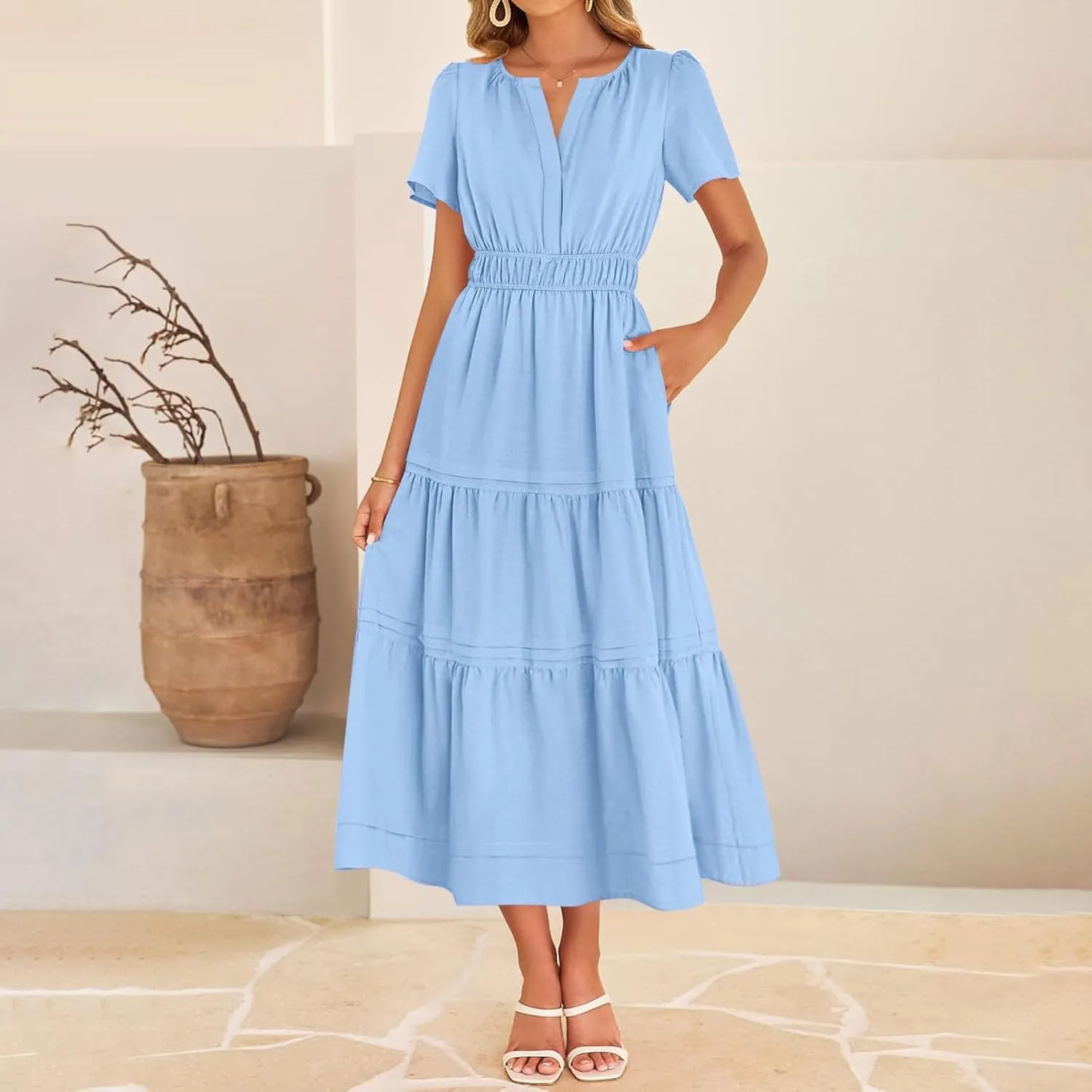 Linen Dresses for Women 2025,Flowy Pleated T Shirt Modest Maxi Dresses Trendy Cute Beach Vacation A Line Sundresses