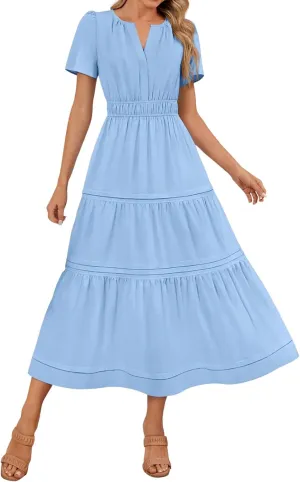 Linen Dresses for Women 2025,Flowy Pleated T Shirt Modest Maxi Dresses Trendy Cute Beach Vacation A Line Sundresses