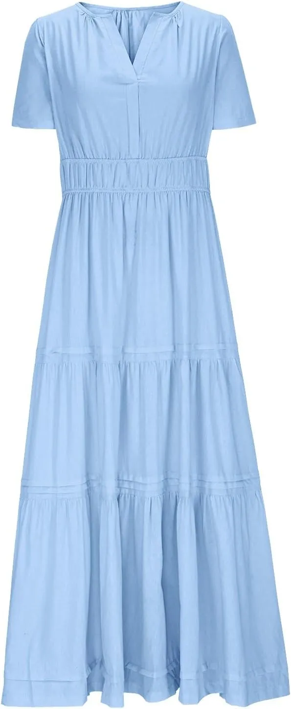 Linen Dresses for Women 2025,Flowy Pleated T Shirt Modest Maxi Dresses Trendy Cute Beach Vacation A Line Sundresses