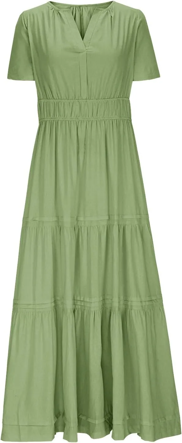 Linen Dresses for Women 2025,Flowy Pleated T Shirt Modest Maxi Dresses Trendy Cute Beach Vacation A Line Sundresses