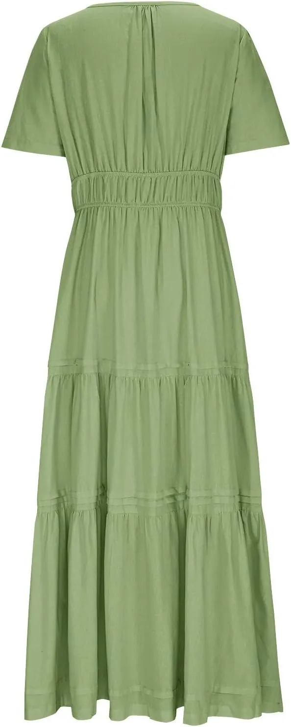 Linen Dresses for Women 2025,Flowy Pleated T Shirt Modest Maxi Dresses Trendy Cute Beach Vacation A Line Sundresses