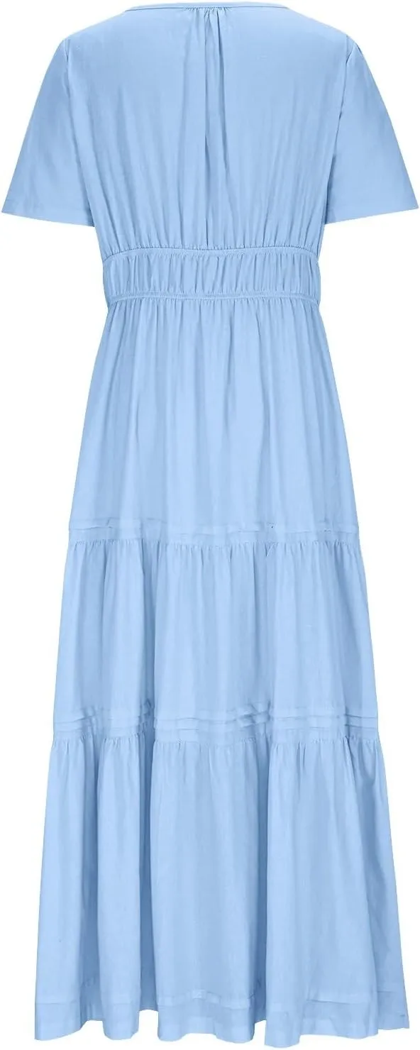 Linen Dresses for Women 2025,Flowy Pleated T Shirt Modest Maxi Dresses Trendy Cute Beach Vacation A Line Sundresses