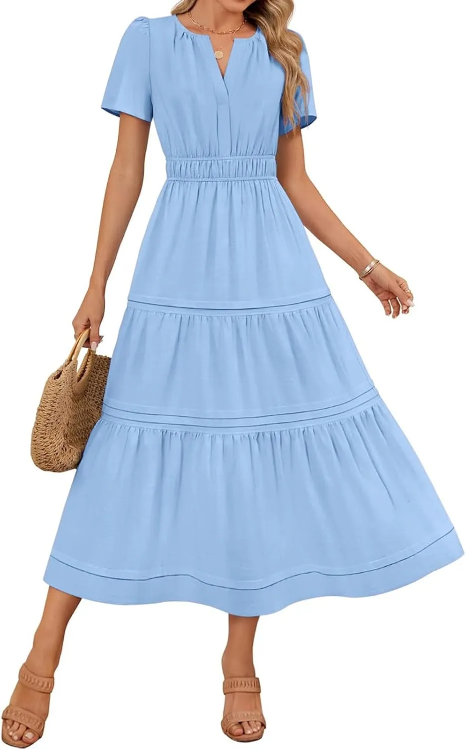 Linen Dresses for Women 2025,Flowy Pleated T Shirt Modest Maxi Dresses Trendy Cute Beach Vacation A Line Sundresses