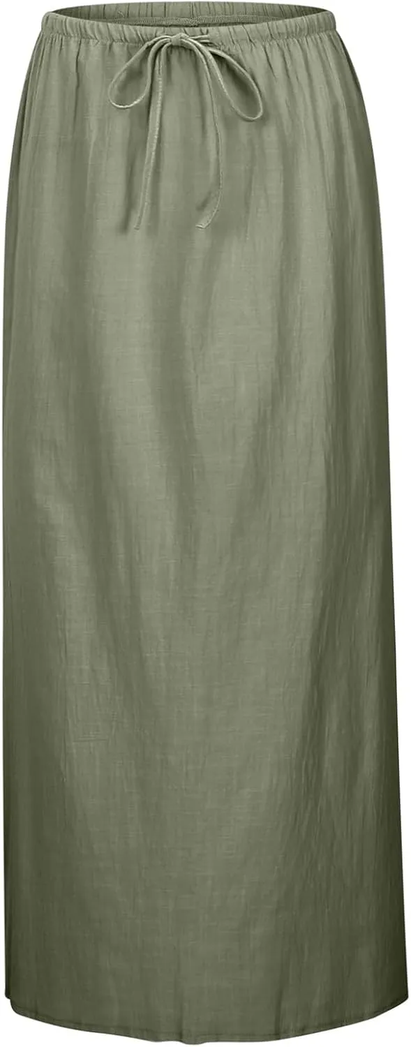 Linen Maxi Skirts for Women Trendy Summer Comfy Drawstring Waist A Line Skirts Cute Vacation Boho Long Flowy Skirts