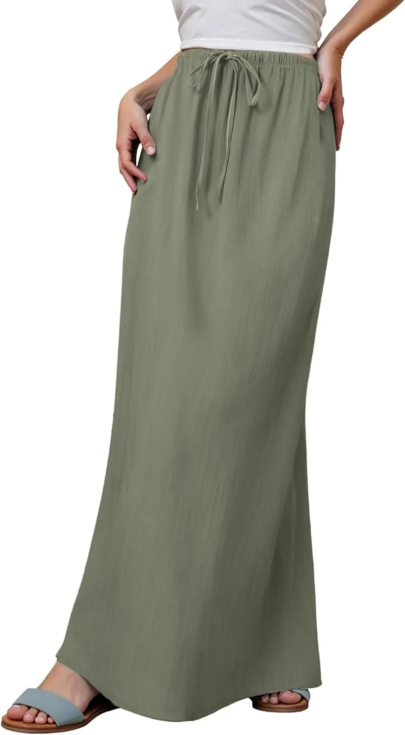 Linen Maxi Skirts for Women Trendy Summer Comfy Drawstring Waist A Line Skirts Cute Vacation Boho Long Flowy Skirts