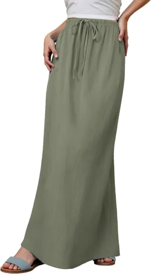 Linen Maxi Skirts for Women Trendy Summer Comfy Drawstring Waist A Line Skirts Cute Vacation Boho Long Flowy Skirts
