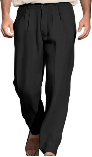 Linen Pants for Men Pleated Front Trouser Straight Leg Suit Trousers Classic Solid Office Trouser Lightweight Pant