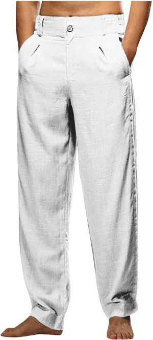 Linen Pants for Men Pleated Front Trouser Straight Leg Suit Trousers Solid Color Office Trouser Lightweight Pant