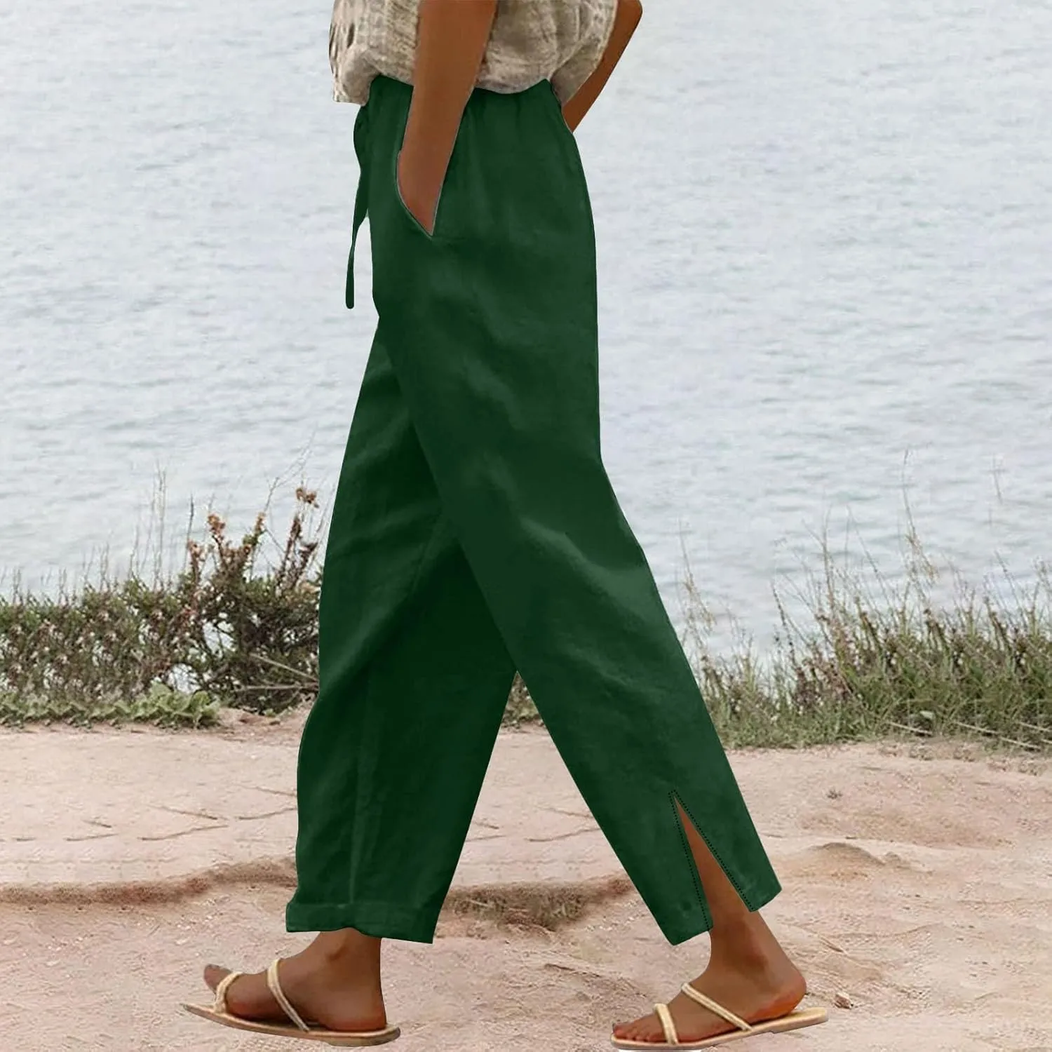 Linen Pants for Women 2025 Summer Casual Loose Flowy Beach Pants,Elastic High Waist Straight Leg Pant with Pockets