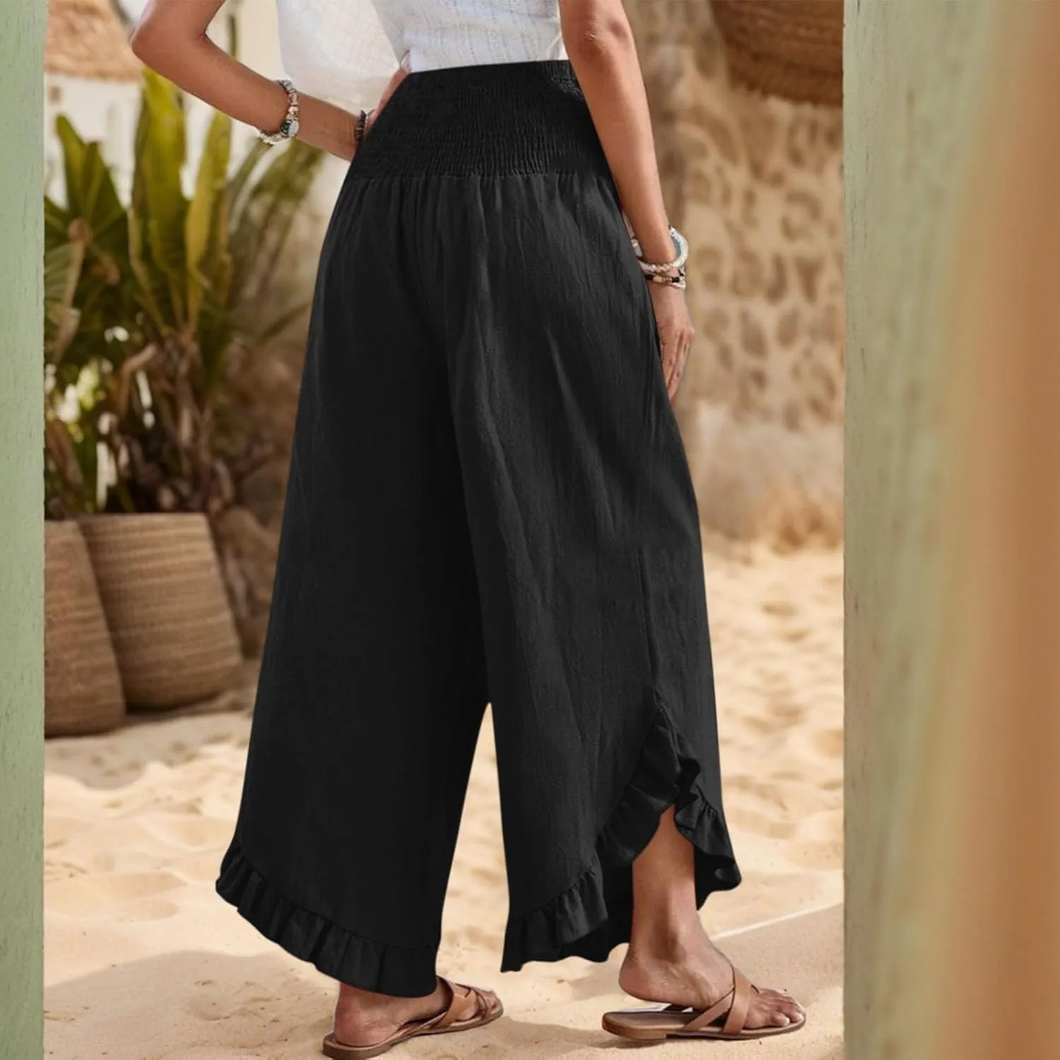 Linen Pants for Women 2025 Summer Casual Loose Flowy Boho Beach Pants,Smocked Waist Ruffle Palazzo Pant with Pockets