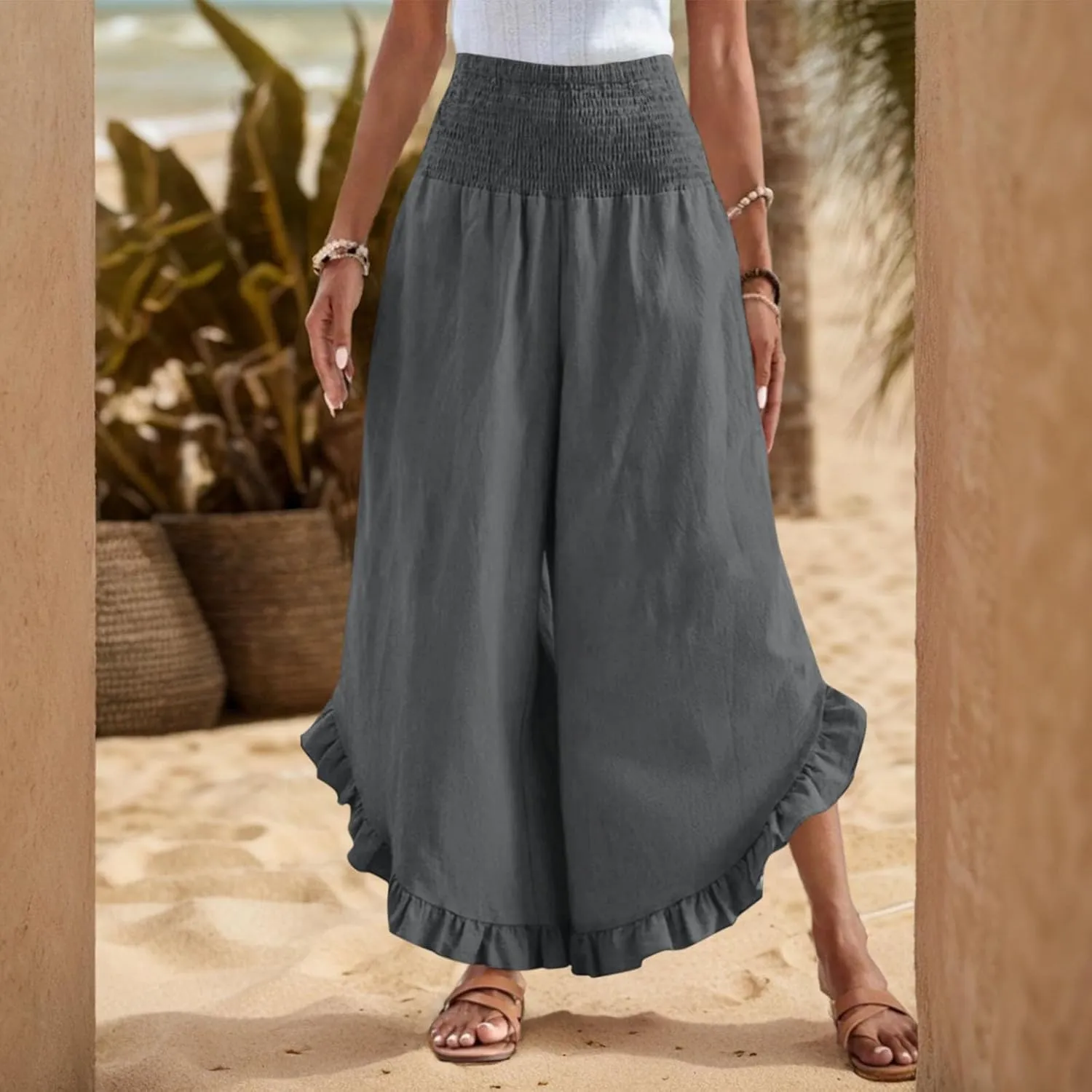 Linen Pants for Women 2025 Summer Casual Loose Flowy Boho Beach Pants,Smocked Waist Ruffle Palazzo Pant with Pockets