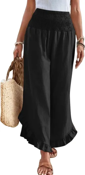 Linen Pants for Women 2025 Summer Casual Loose Flowy Boho Beach Pants,Smocked Waist Ruffle Palazzo Pant with Pockets