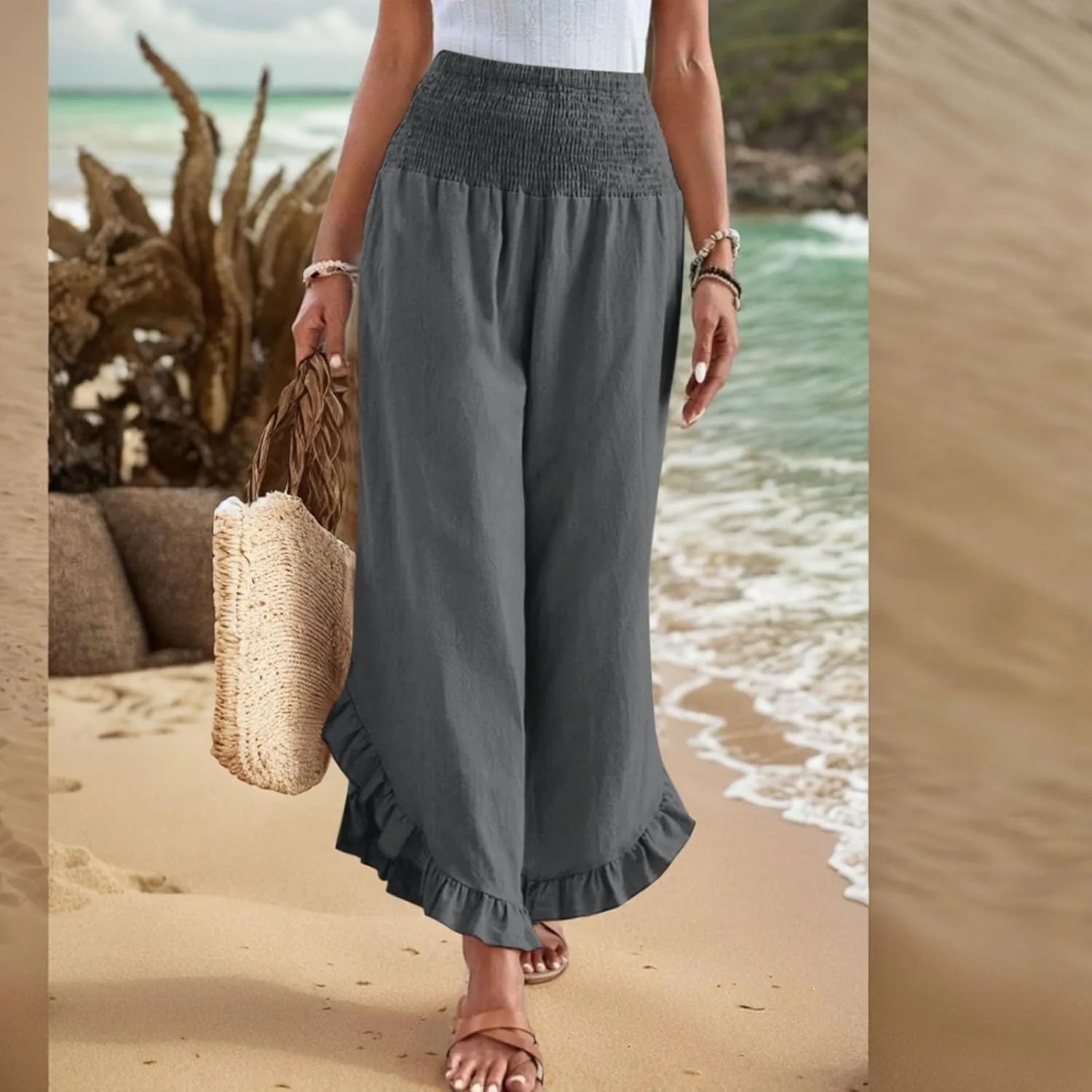 Linen Pants for Women 2025 Summer Casual Loose Flowy Boho Beach Pants,Smocked Waist Ruffle Palazzo Pant with Pockets