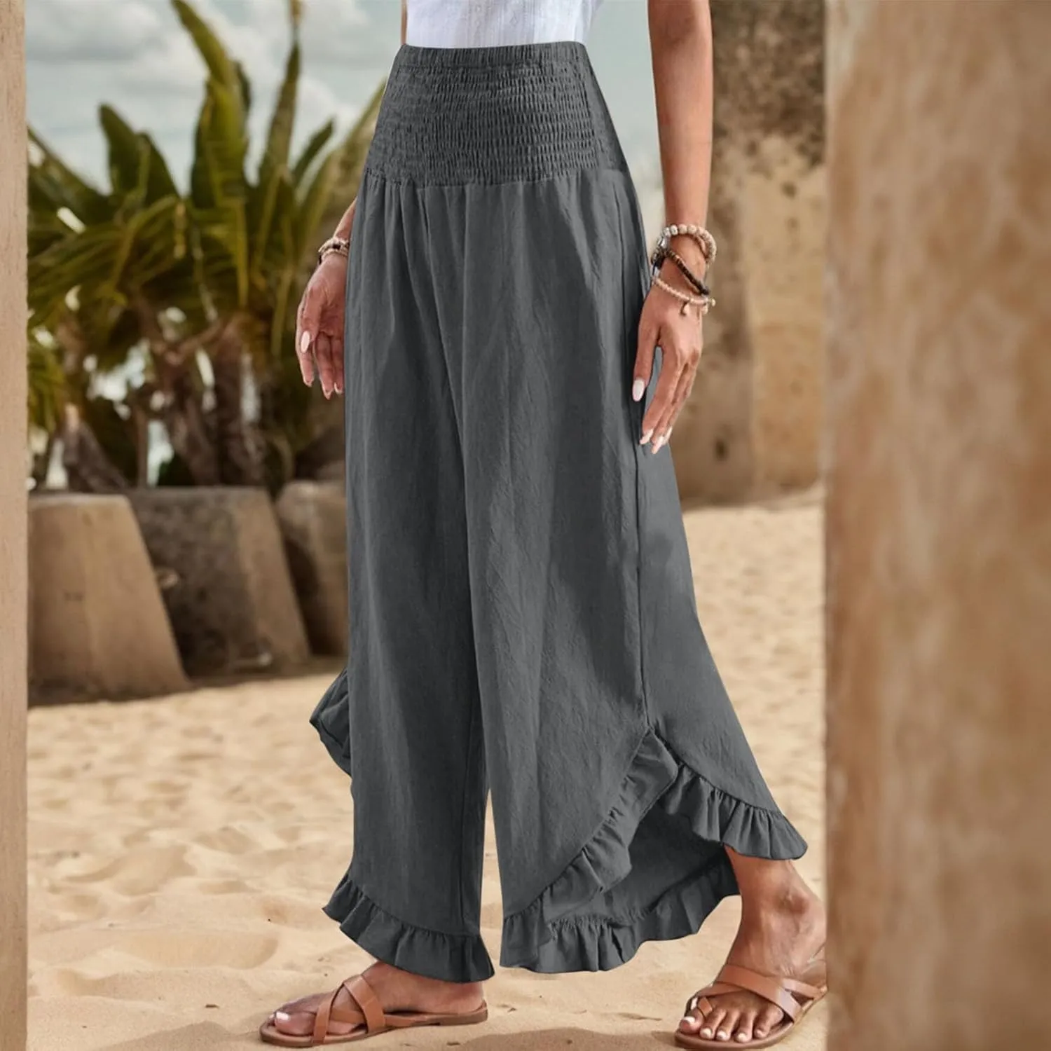 Linen Pants for Women 2025 Summer Casual Loose Flowy Boho Beach Pants,Smocked Waist Ruffle Palazzo Pant with Pockets
