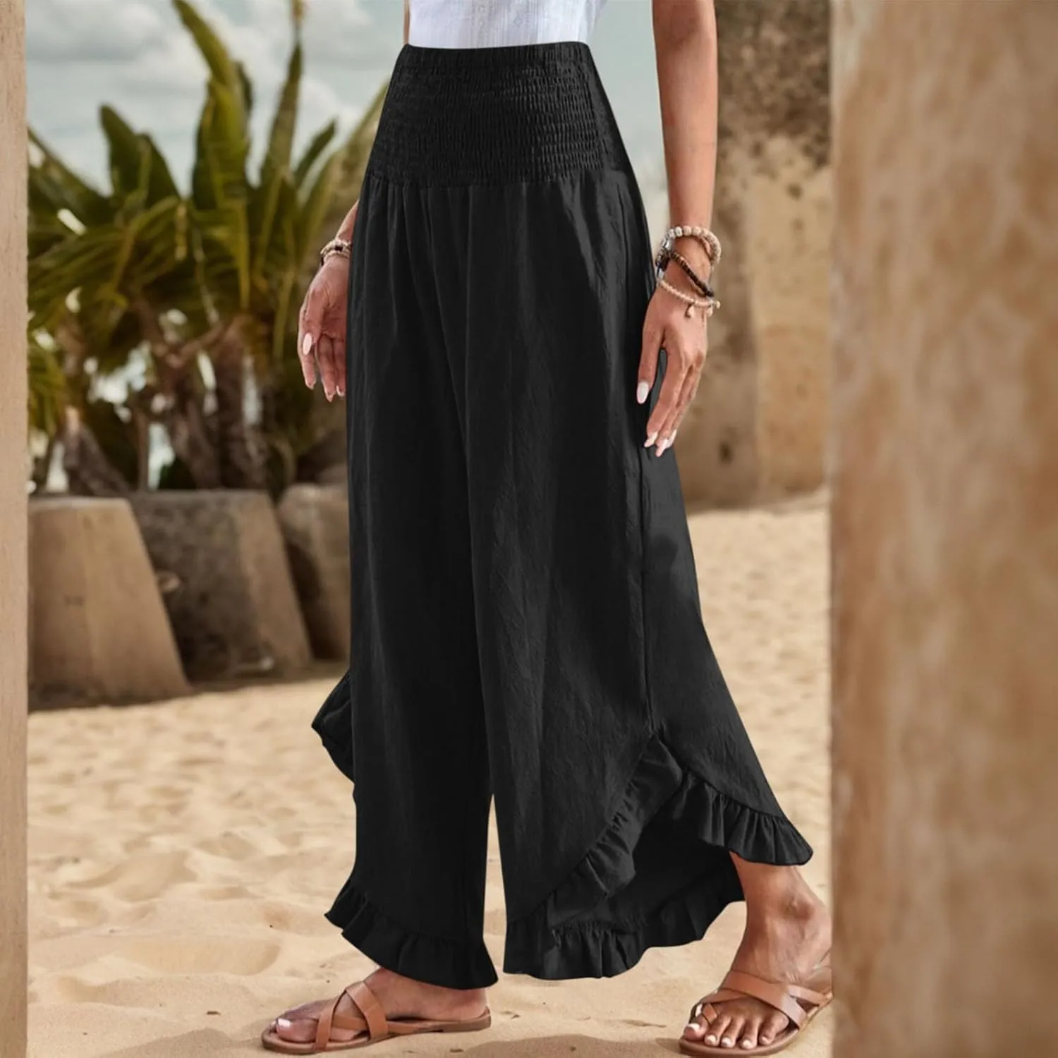 Linen Pants for Women 2025 Summer Casual Loose Flowy Boho Beach Pants,Smocked Waist Ruffle Palazzo Pant with Pockets