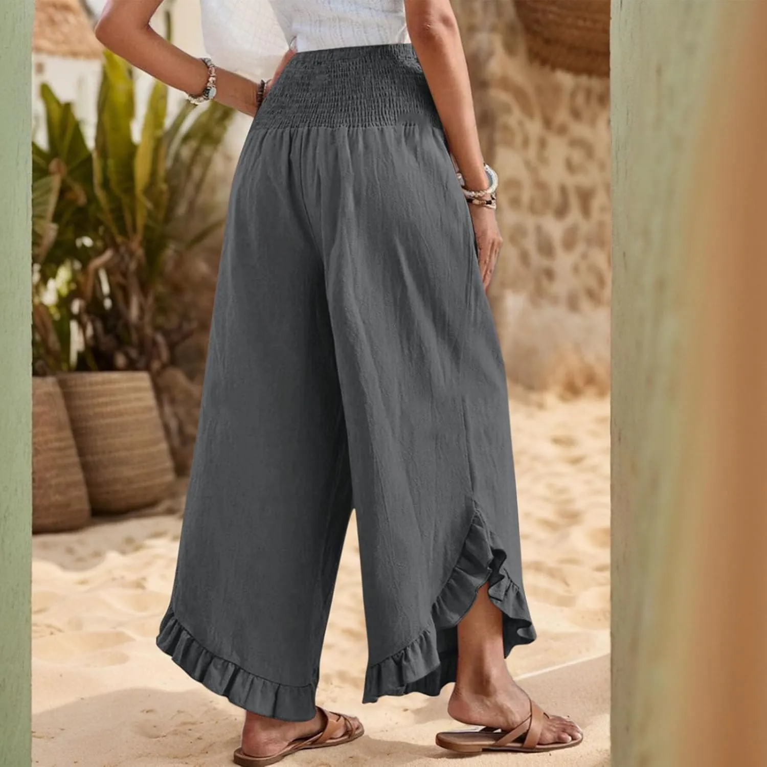 Linen Pants for Women 2025 Summer Casual Loose Flowy Boho Beach Pants,Smocked Waist Ruffle Palazzo Pant with Pockets