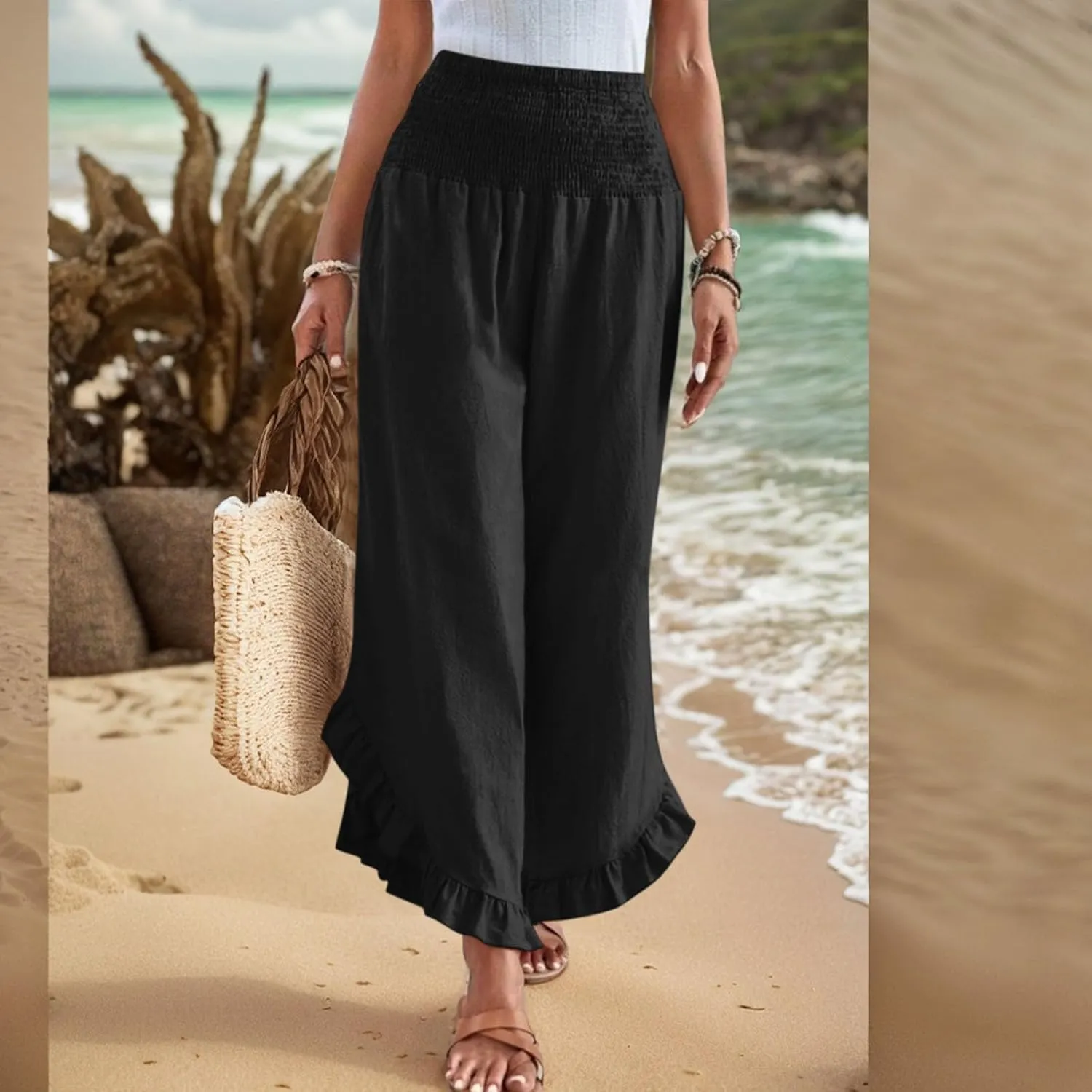 Linen Pants for Women 2025 Summer Casual Loose Flowy Boho Beach Pants,Smocked Waist Ruffle Palazzo Pant with Pockets