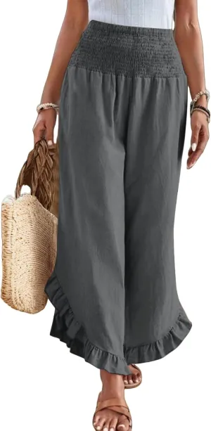 Linen Pants for Women 2025 Summer Casual Loose Flowy Boho Beach Pants,Smocked Waist Ruffle Palazzo Pant with Pockets