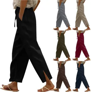 Linen Pants Women Casual Side Split Capri Pants Summer Beach Drawstring Elastic Waist Cropped Trousers with Pockets