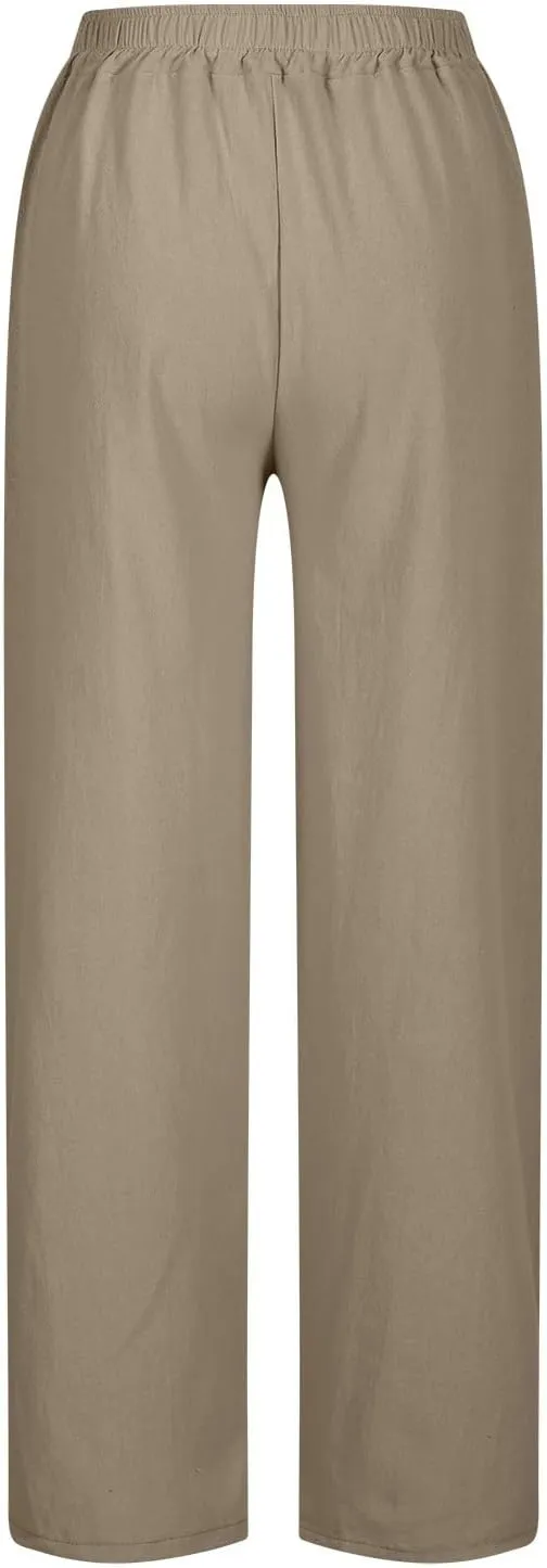 Linen Pants Women Casual Side Split Capri Pants Summer Beach Drawstring Elastic Waist Cropped Trousers with Pockets
