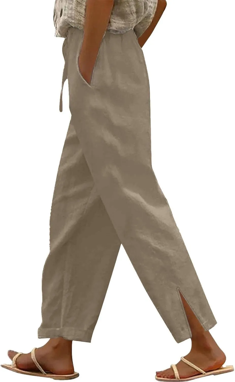 Linen Pants Women Casual Side Split Capri Pants Summer Beach Drawstring Elastic Waist Cropped Trousers with Pockets