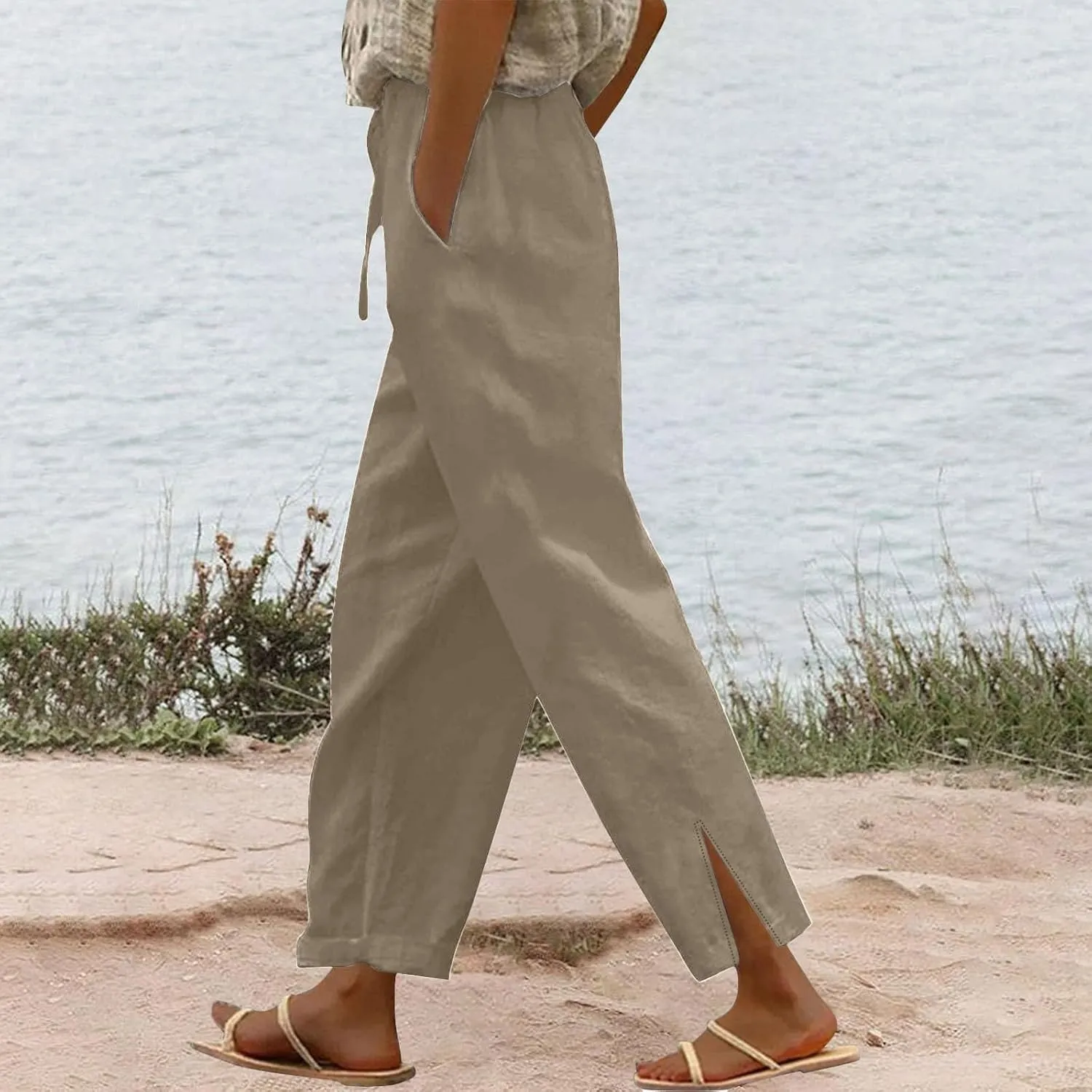 Linen Pants Women Casual Side Split Capri Pants Summer Beach Drawstring Elastic Waist Cropped Trousers with Pockets