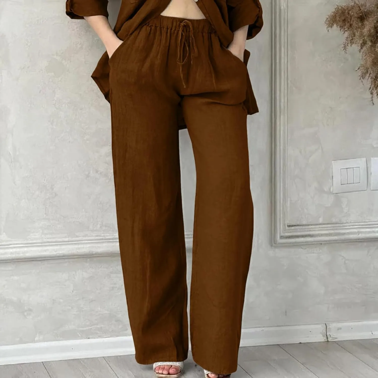 Linen Pants Women High Waist Casual Linen Pants 2025 Summer Drawstring Straight Leg Lounge Trousers with Pockets