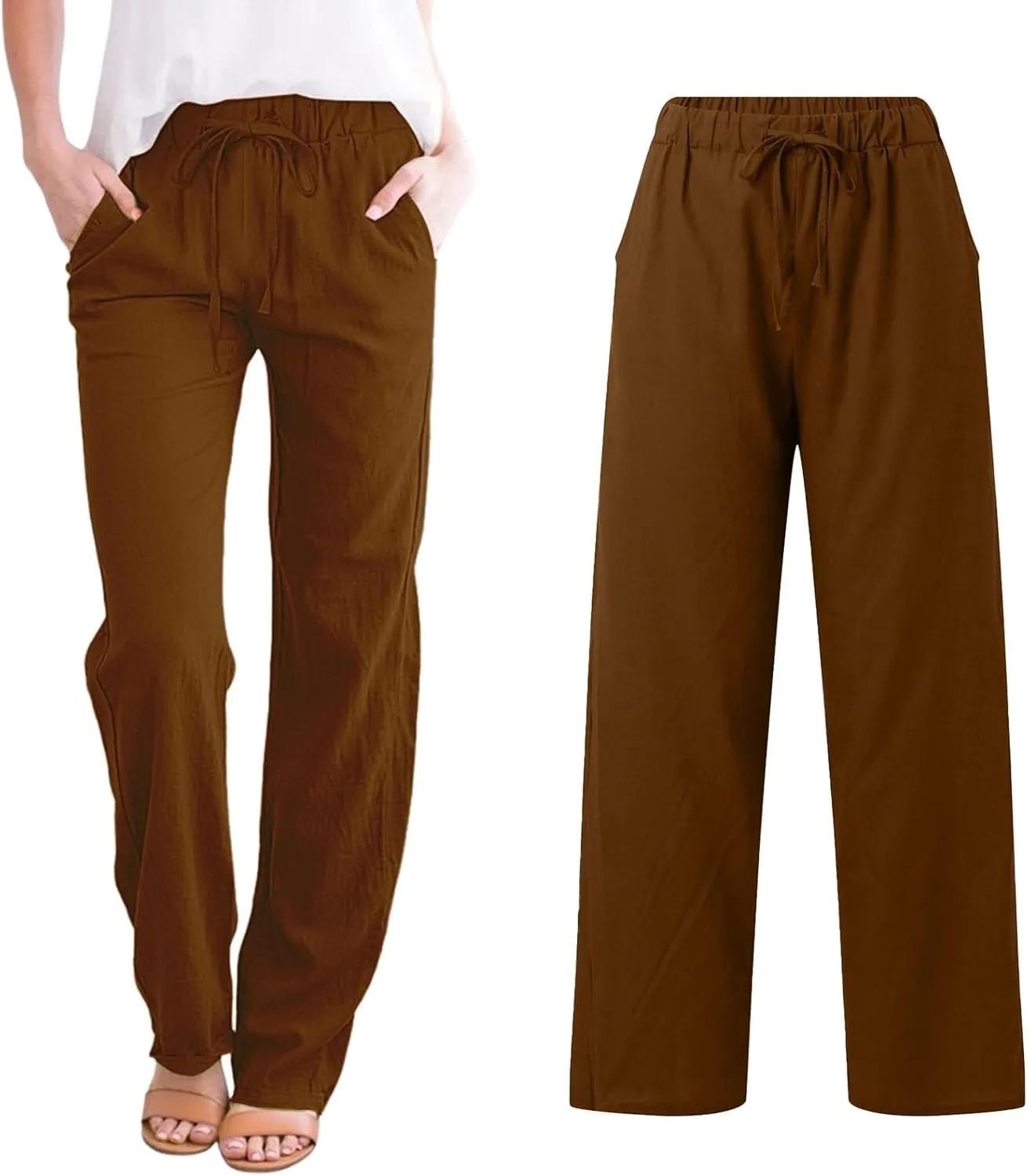Linen Pants Women High Waist Casual Linen Pants 2025 Summer Drawstring Straight Leg Lounge Trousers with Pockets