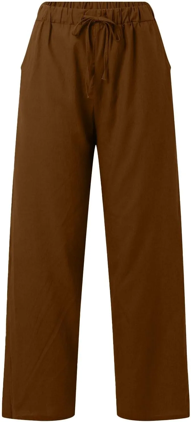 Linen Pants Women High Waist Casual Linen Pants 2025 Summer Drawstring Straight Leg Lounge Trousers with Pockets