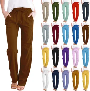 Linen Pants Women High Waist Casual Linen Pants 2025 Summer Drawstring Straight Leg Lounge Trousers with Pockets