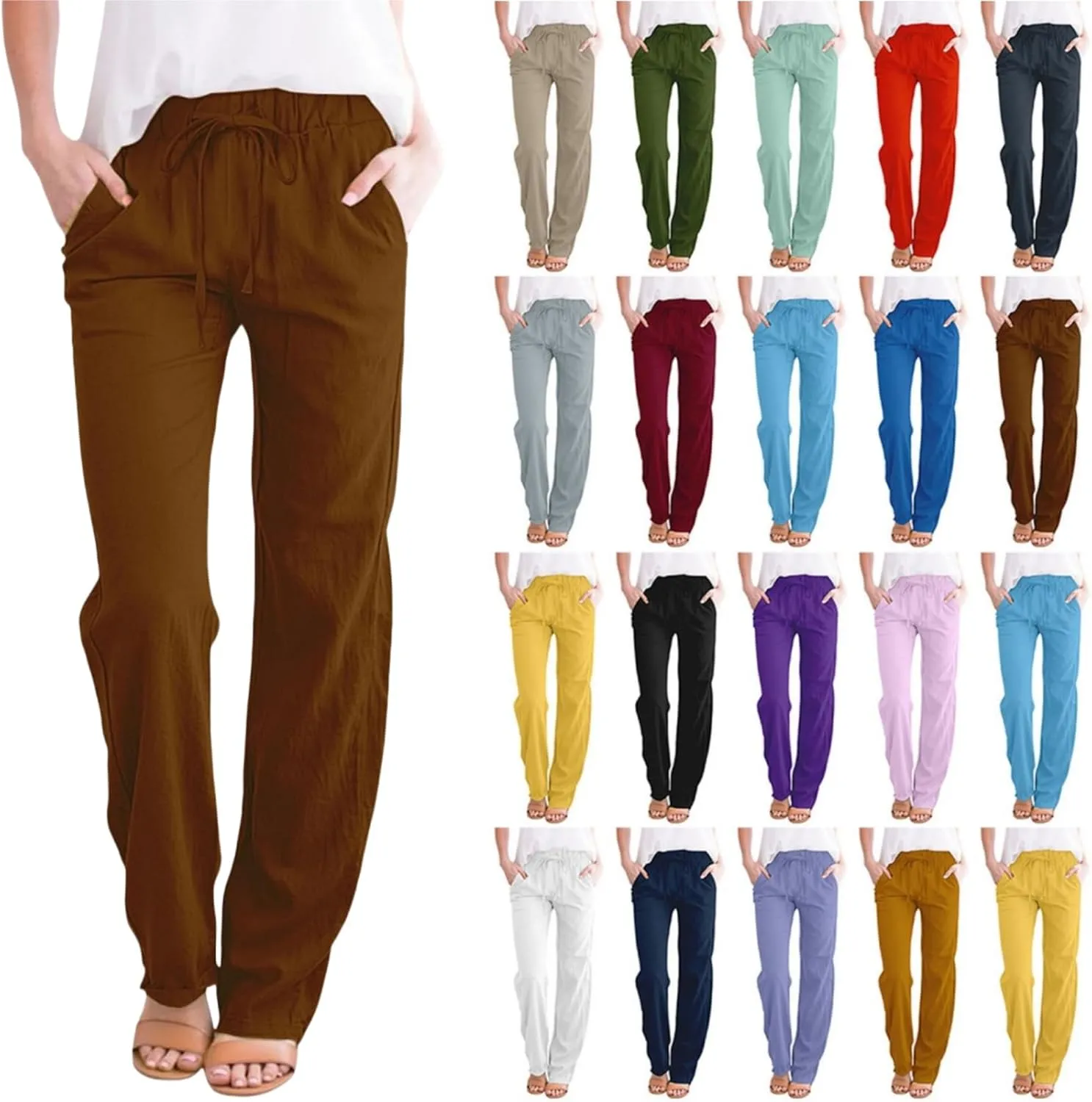 Linen Pants Women High Waist Casual Linen Pants 2025 Summer Drawstring Straight Leg Lounge Trousers with Pockets