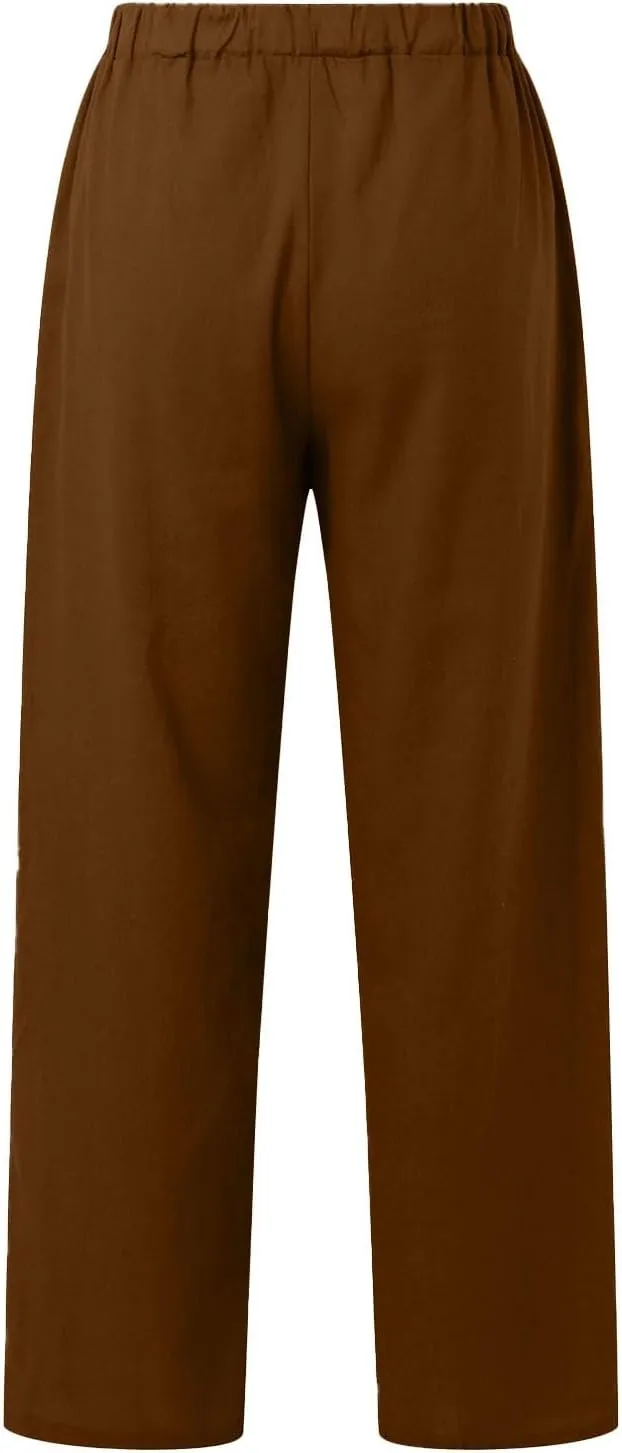 Linen Pants Women High Waist Casual Linen Pants 2025 Summer Drawstring Straight Leg Lounge Trousers with Pockets