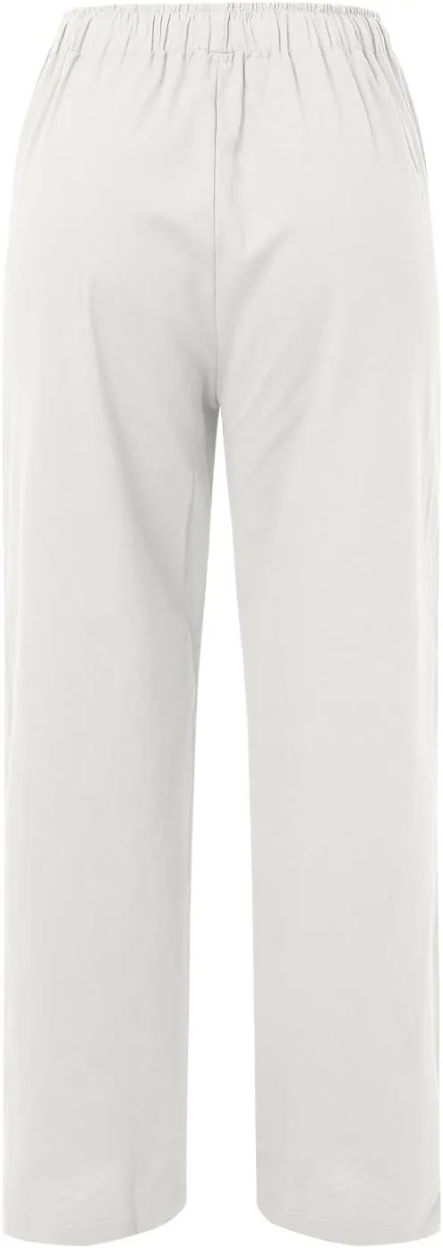 Linen Pants Women High Waist Wide Leg Pants Summer Cotton Linen Pants Casual Beach Trousers with Pockets
