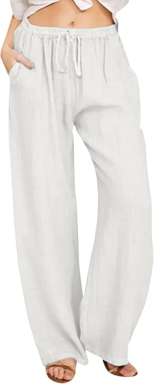 Linen Pants Women High Waist Wide Leg Pants Summer Cotton Linen Pants Casual Beach Trousers with Pockets