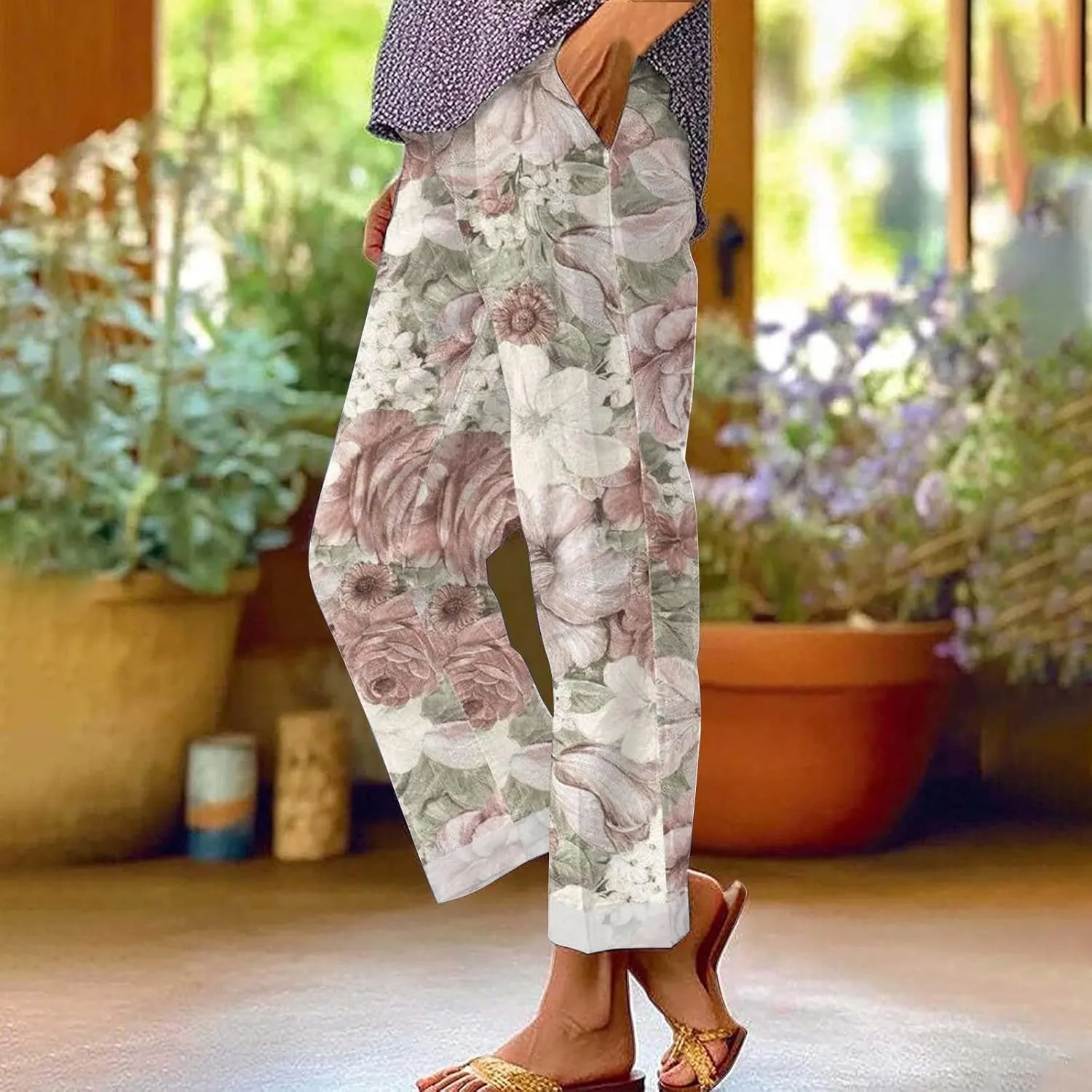Linen Pants Women Solid Elastic Pants Long Drawstring Linen Women Waist Cotton Casual Pants Beach Trousers with Boho