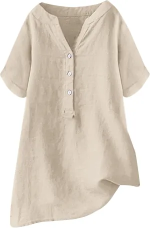 Linen Shirts for Women Loose Fit Short Sleeve Tops Dressy Casual Button V Neck Tunic Tops Plain Blouses for Leggings