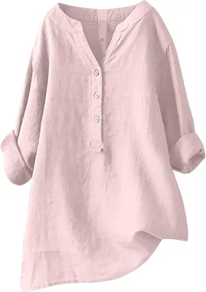 Long Sleeve Shirts for Women Cotton Linen Oversized Shirt Button up V Neck Blouse Spring and Summer Casual Tops 2025
