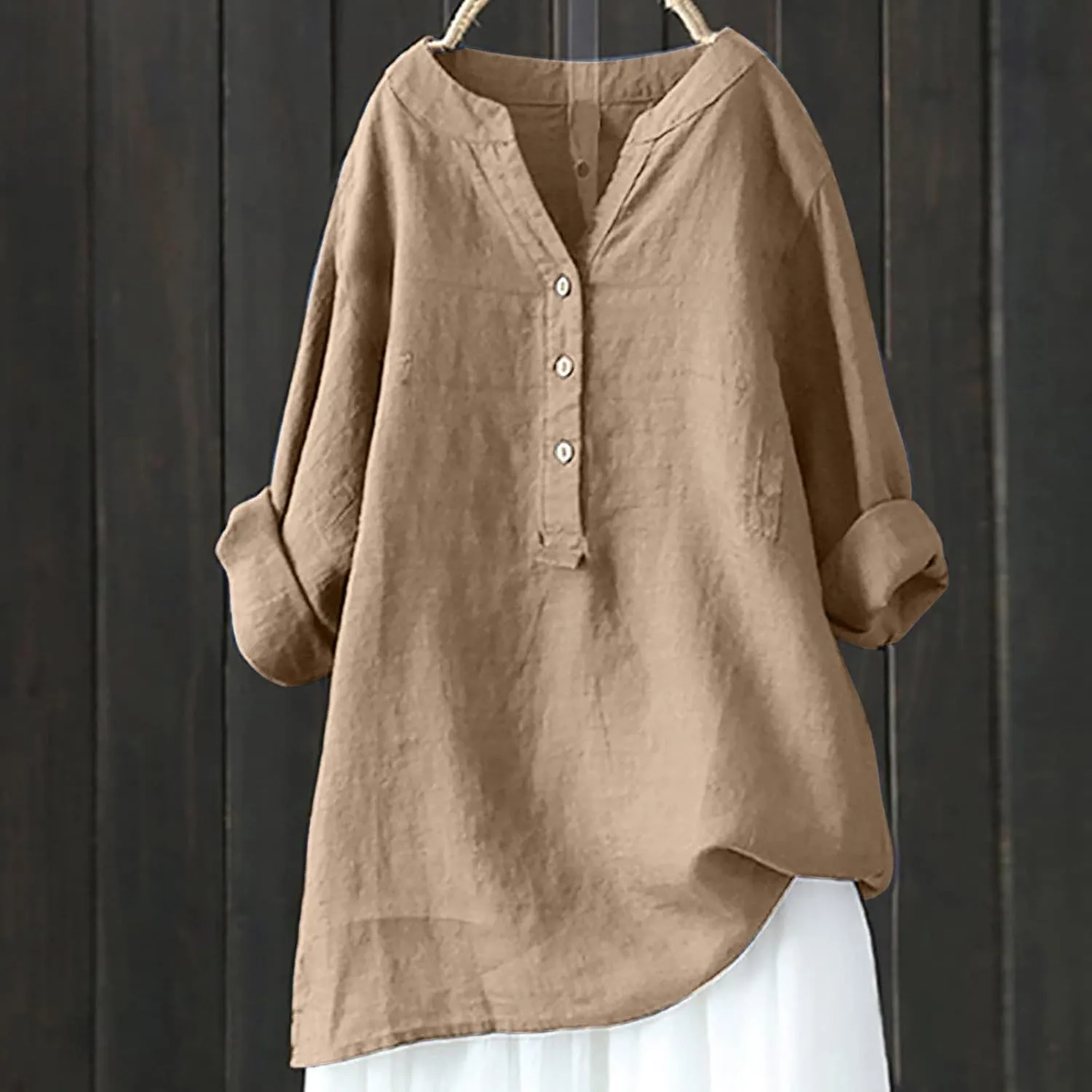 Long Sleeve Shirts for Women Cotton Linen Oversized Shirt Button up V Neck Blouse Spring and Summer Casual Tops 2025