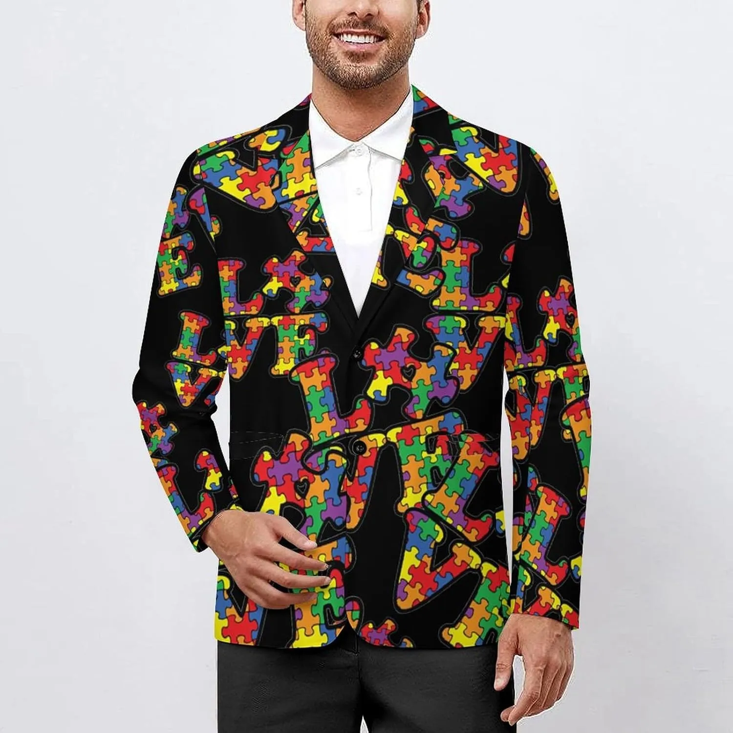 Love Autism Awareness Puzzle Mens Blazer Suit Jacket Lightweight Slim Fit Casual Coat