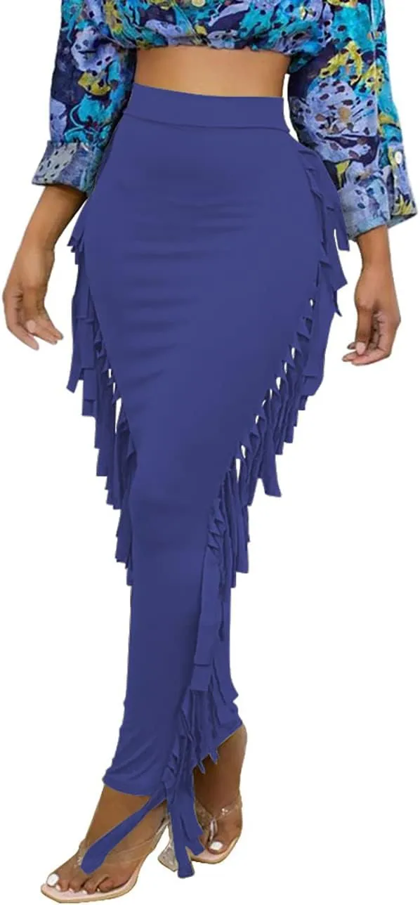Lrady Women's Elastic Waist Slim Bodycon Side Tassels Long Maxi Pencil Skirts