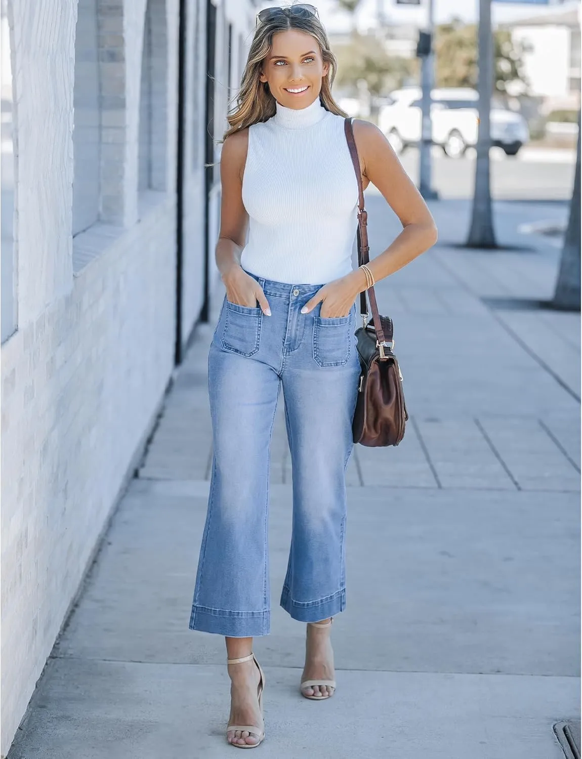 luvamia Wide Leg Jeans for Women Trendy High Waisted Flare Jeans Cropped Denim Pants Stretchy Baggy with Patch Pockets