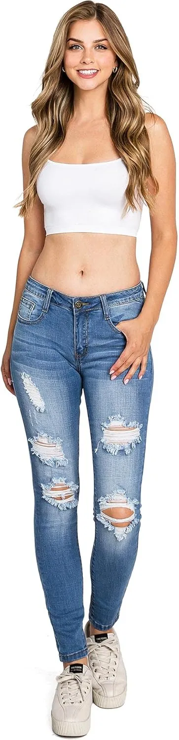 Machine Jeans Women's Juniors Mid Waist Distressed Skinny Jeans