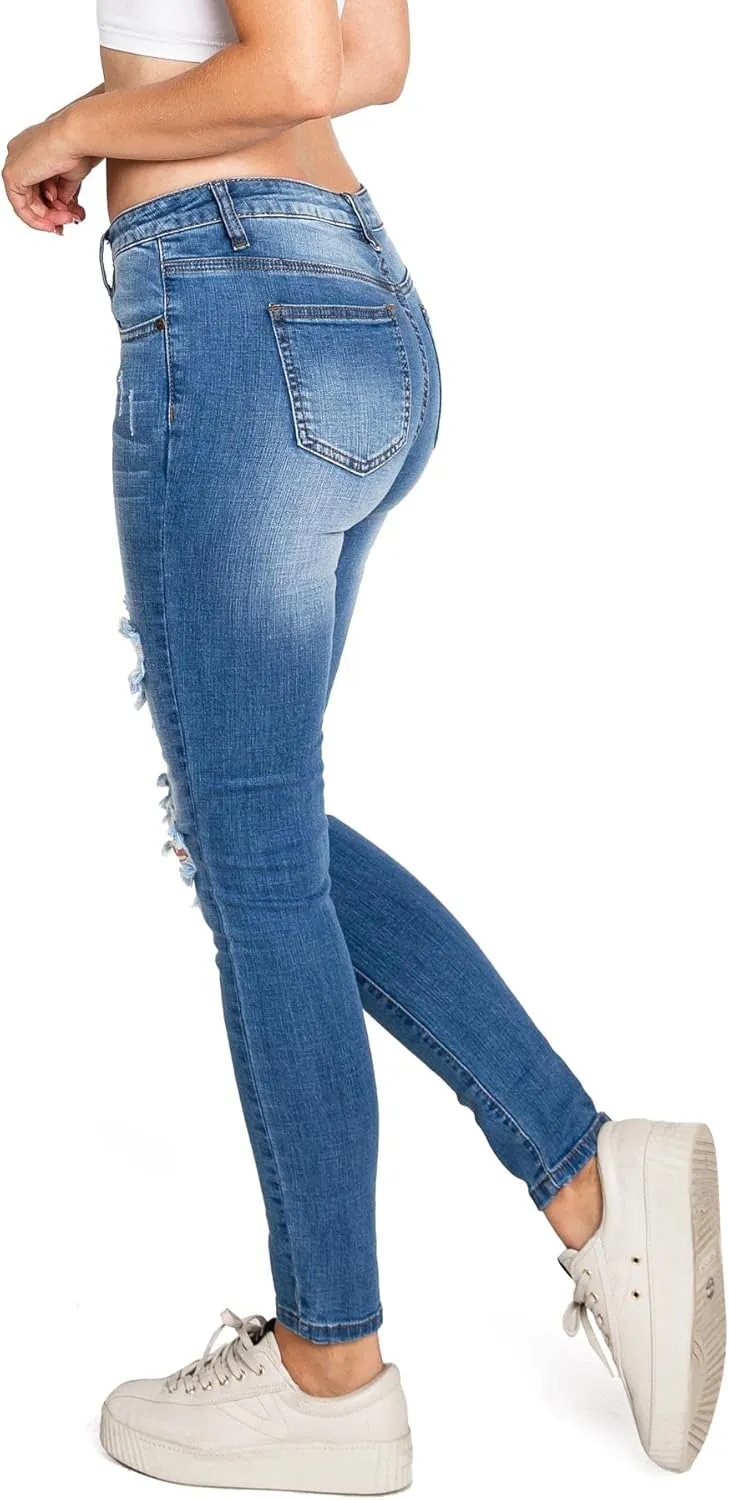 Machine Jeans Women's Juniors Mid Waist Distressed Skinny Jeans
