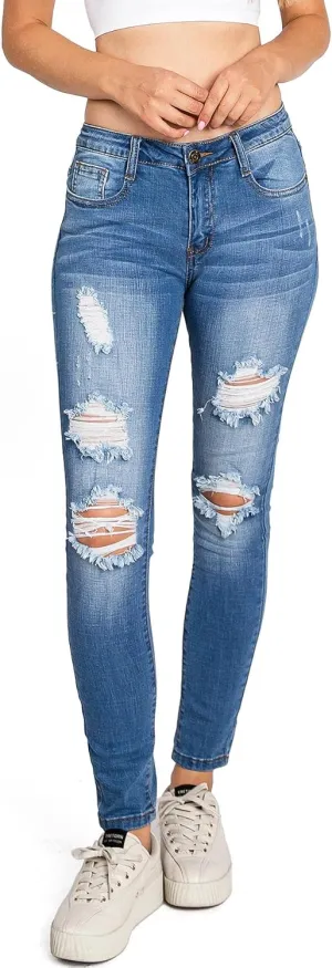 Machine Jeans Women's Juniors Mid Waist Distressed Skinny Jeans