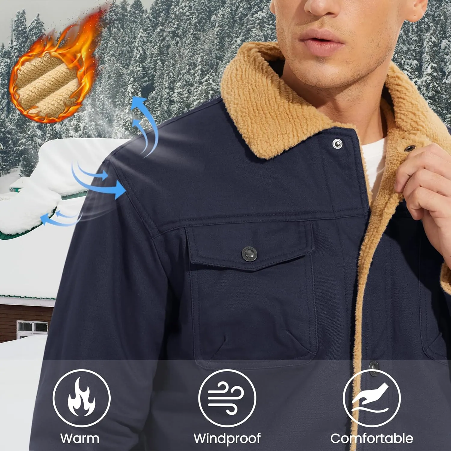 MAGNIVIT Men's Cotton Cargo Jacket Winter Sherpa Fleece Lined Work Jacket Coats with 5 Pockets