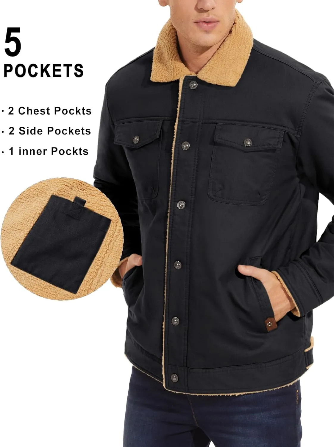 MAGNIVIT Men's Cotton Cargo Jacket Winter Sherpa Fleece Lined Work Jacket Coats with 5 Pockets